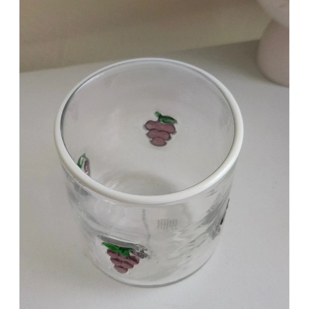 Anthropologie Embossed Grape Icon Juice Glass White Rim Clear Tumbler Motif